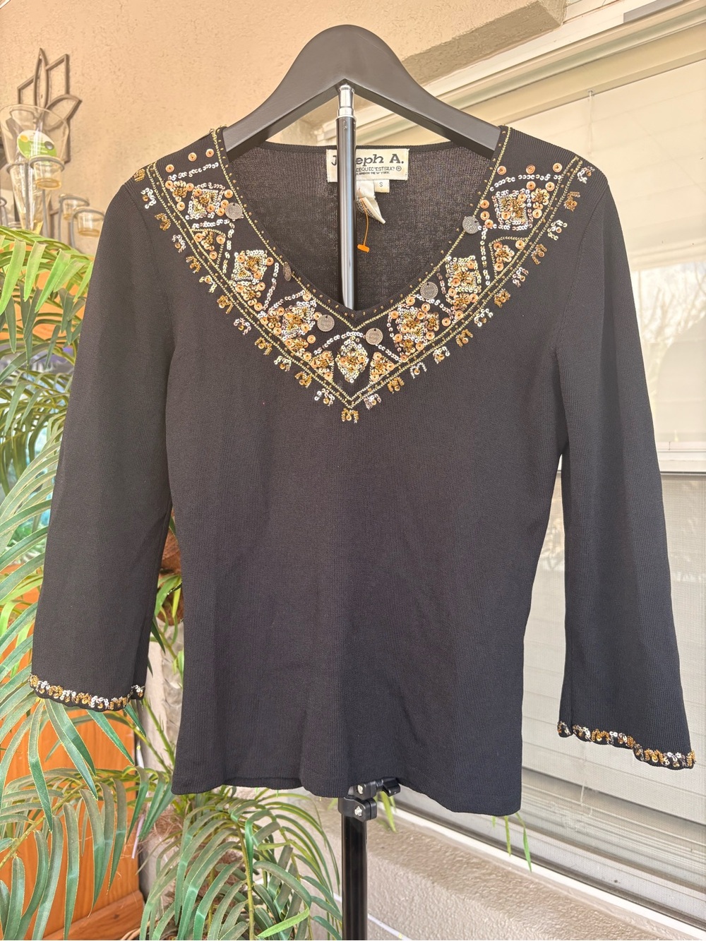 Joseph Black Embellished V-Neck Long Sleeve Top
